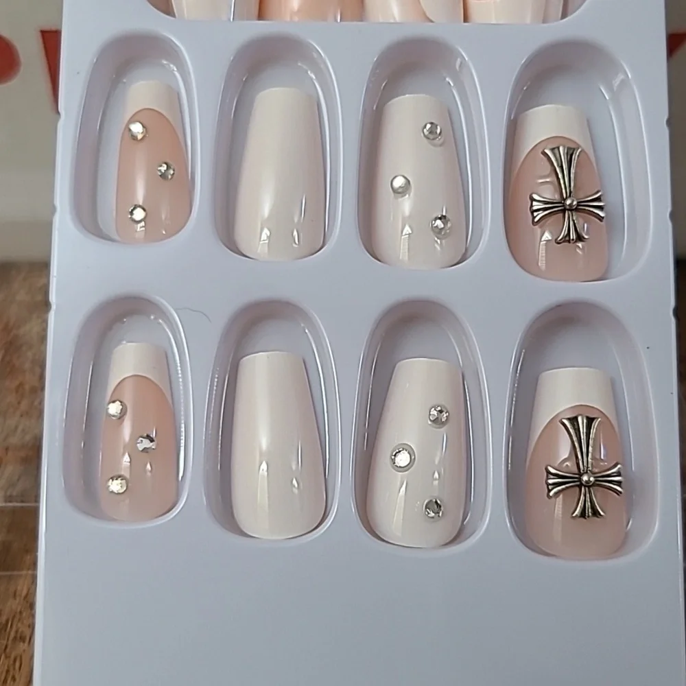 2/$16 Rhinestone Cross French Manicure Press on Nails